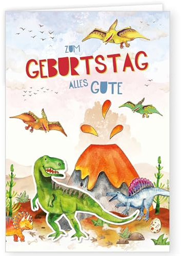 PremiumLine Glückwunschkarte zum Geburtstag |1 Stück mit Umschlag | Geburtstagskarte Dinosaurier | 11,5 x 17,5 cm | Klappkarte mit Stanzteil | Kinderkarte