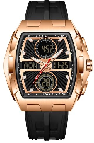 findtime Analoge Digital Herrenuhr Tonneau Militär Sportuhr Tactical 5 ATM Wasserdicht Beleuchtung Chronograph Stoppuhr Alarm Quarz Stilvolles Design Nachtuhr Silikonband Modische