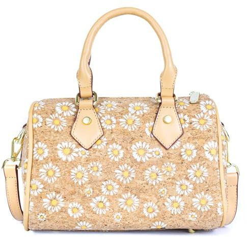 DeCarbonize Damen Henkeltasche aus Kork Vegan Leder Barrel Bowler Umhängetasche Crossbody Nachhaltig