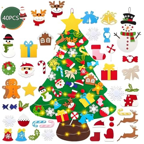 Tidora Albero di Natale in Feltro 102 cm con Pupazzo di Neve, Albero Montessori per Bambini con 40 Decorazioni in Velcro + Luci 5m, Albero Natalizio da Parete per Casa, Porta e Cameretta