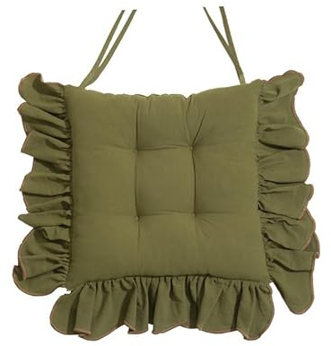 Stuhlkissen mit Volant für Esszimmer - 45x45 cm Baumwoll Sitzkissen, 4-seitig gerüscht Bindebändern rutschfeste & waschbare Stuhlauflage im Landhaus & Vintage Design(Olive Green,1pcs)