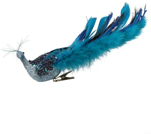 BlesConi Künstlicher blauer Pfauen-Ornament mit gefiedertem Schwanz und Glitzerakzenten, für Weihnachtsbaumschmuck, Hochzeit oder Heimdekoration