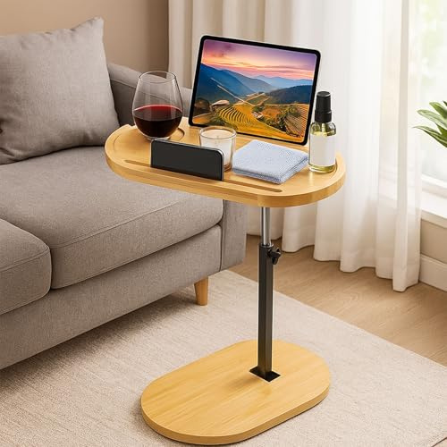 Beistelltisch C Form 360° Rotierbarer und Höhenverstellbar Sofatisch Kleiner Tisch Bambusholz und Metall Couchtisch für Schmale Räume, Beistelltisch Couch Holz für Wohnzimmer, Schlafzimmer
