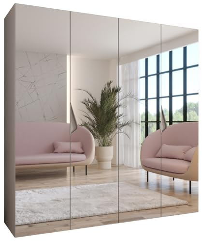 MEBLE KRYSPOL - Kleiderschrank - Garderobenschrank - 200 cm x 202 x 52 cm - Schrank mit Kleiderstange und Spiegel, 4 Türen - für Schlafzimmer, Flur - SANDI, Kaschmir, Griff Kaschmir