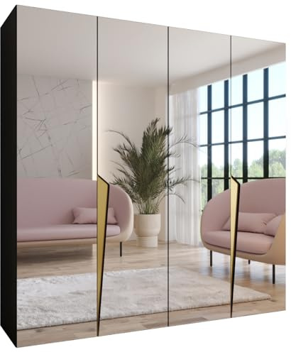 MEBLE KRYSPOL - Kleiderschrank - Garderobenschrank - 200 cm x 202 x 52 cm - Schrank mit Kleiderstange und Spiegel, 4 Türen - für Schlafzimmer, Flur - Piano, Schwarz, Griff Gold