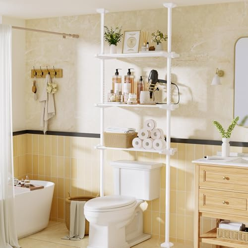 WELDUN Over Toilet Storage Unit, 3-tier Bathroom Shelf Rack for Narrow Small Space, No Drilling, Adjustable Height 122-315CM & Width 49-79CM, White