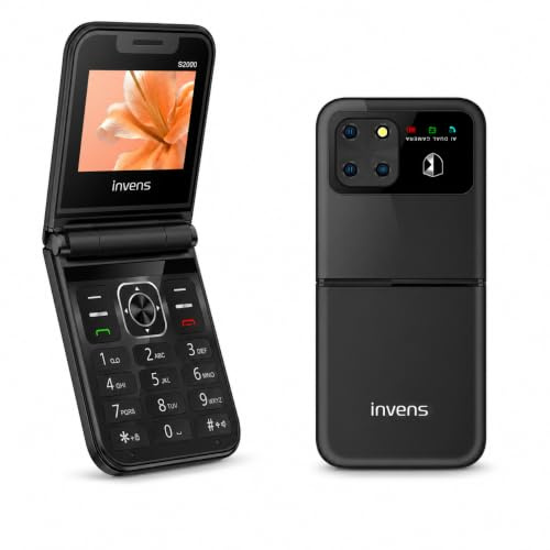 invens S2000 Téléphone à Clapet Senior, Grandes Touches, SOS, Quad SIM Noir | Téléphone senior à clapet pratique avec grandes touches, écran 2,4, SOS, Quad SIM et lampe torche, facile à utiliser.