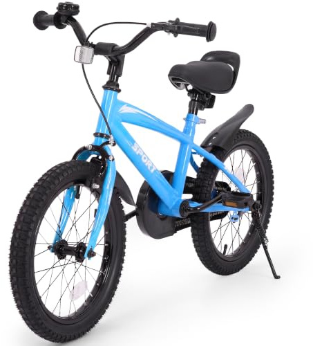 BODIOO Kinderfahrrad 18 Zoll Kinderrad für Jungen und Mädchen mit verstellbarem Sitz, Stützrädern, Handbremse, Rücktrittbremse und stabilem Rahmen für Fahrer von 114-137 cm (Blau)