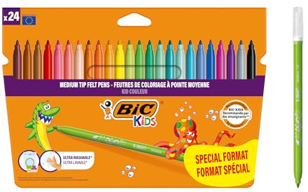 BIC Kids, Kid Couleur, Rotuladores Lavables para Niños,Ideales para Material Escolar, Punta Media Resistente, Colores Brillantes e intensos, Caja de 24 uds