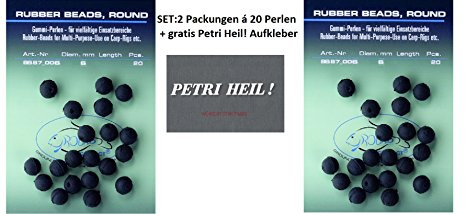 Set: 2 Packungen (2X 20 Stück) Jenzi Gummiperlen 6mm Rubber Beads+ gratis Petri Heil! Aufkleber