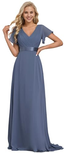 Ever-Pretty Women's Double V Neck with Short Sleeve A Line Empire Chiffon Long Bridesmaid Dresses Dusty Navy 8UK