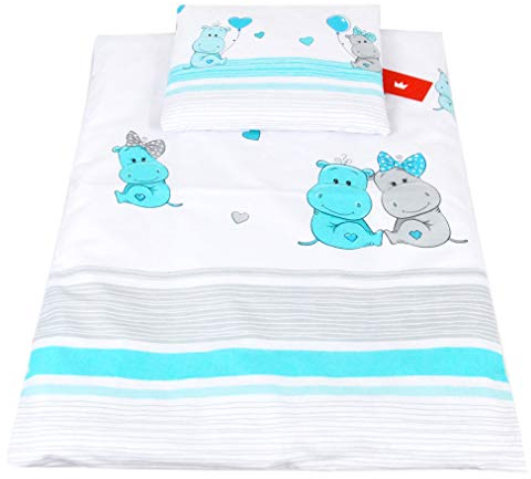 Babylux 2 TLG. Set Bezug für Kinderwagen Stubenwagen oder Wiege Garnitur Bettwäsche Kissen Decke 60 x 78 cm (108. Hippo Turkis)