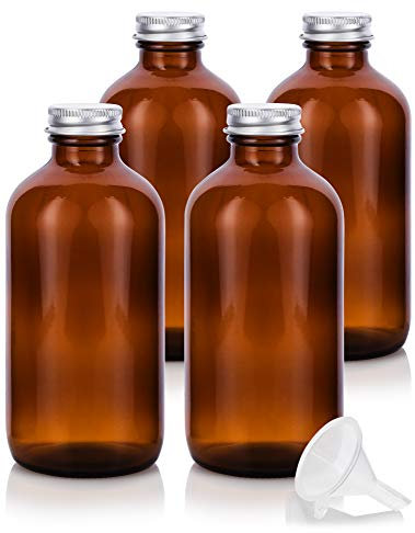JUVITUS 8 oz Amber Glass Boston Round Bottle with Silver Metal Screw On Cap (4 Pack) Refillable Empty Storage Containers