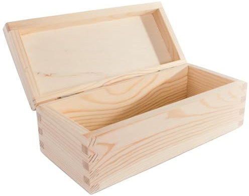 WooDeeDoo Rectangular Wooden Storage Box with Hinged Lid – 23 x 10 x 8 cm – Unpainted Pine Craft Box for Gifts Jewellery Trinkets Keepsakes DIY Decoupage Staining Painting Woodburning