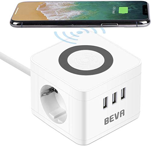 BEVA Steckdosenwürfel Cube mit Wireless Ladefunktion + 1.5M Kabel,2500W/10A Mehrfachsteckdose mit 2 USB C+1 USB-A, 2 Fach Ladewürfel mit Wireless Charger, Handy-Ladegerät für Reise Haushalt Büro, Weiß