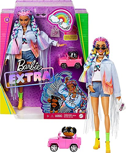 Barbie Extra poupée articulée aux Cheveux Multicolores, Look Tendance et Oversize, avec Figurine Animale et Accessoires Inclus, Jouet pour Enfant, GRN29