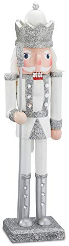 Cepewa Figurine casse-noisette en bois, composée de roi, 38 cm, blanc et argenté, décoration de Noël, style des Monts Métallifères, concasseur à noix, 1 pièce