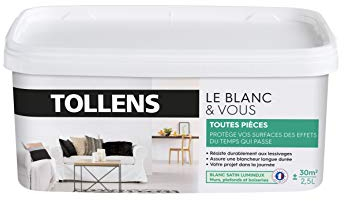 Tollens - Peinture Blanche Satin - Toutes Pièces - Murs, Plafonds, Boiseries - Blancheur Longue Durée - Résiste aux Chocs - Séchage Rapide - Fabriqué en France - Blanc - 2,5L = 30m2