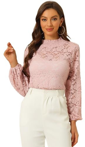 Allegra K Women's St. Patrick's Day Lace Long Sleeve Tops Ruffle Neck Elegant Floral Blouses Pink S-8