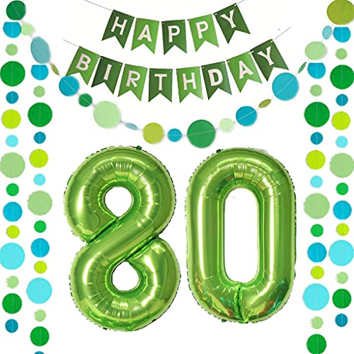 Luftballons Zahl 80 Grün + Happy Birthday Girlande + banner Folienballon 80.Geburtstags deko frau mann ballons 80 Jahre Geburtstag deko frauen Zahlenballon 80 Geburtstag dekoration Männer frau(80)