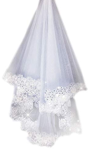 GUMEI Hochzeitsschleier 1,5 Mt 1 Schicht Frauen Braut Weiß Lange Hochzeit Tüll Schleier Glitzer Pailletten Bestickte Pflaumenblüten Rand Ehe Einfarbig Ohne Kamm