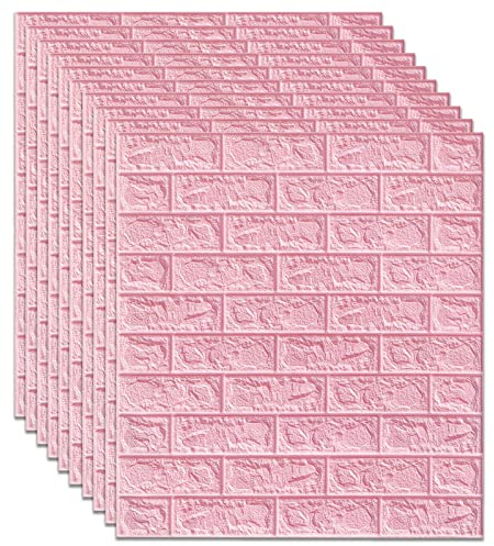 URCheers 10 Stück 3D Tapete Wandpaneele Selbstklebend, Nachahmung Ziegelmuster Kindergarten Hintergrund Wanddekoration Feuchtigkeitsbeständige Tapeten für Badezimmer Balkon Küchen, 77 x 70 cm (Pink)