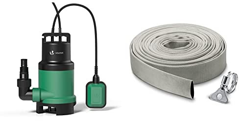 VOUNOT Pompe d'évacuation pour Eaux Chargés 750W avec Flotteur Max.14000L/H Profondeur d'immersion 7M & Kärcher 29971000 Kit Tuyau Plat en Textile et Collier de Serrage 10 m