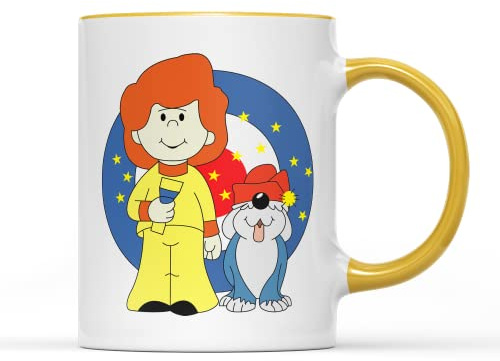 Jamie and The Magic Light Mug Tea Coffee Cup Torch Cuckoo Land British TV Childrens Show Pet Old English Sheepdog Wordsworth Bed Night Time Sleep Trampoline Gift Present (Yellow Handle)