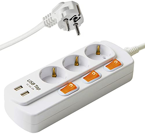 NEUVIELE Steckdosenleisteit mit 2 USB, 2-Fach 3-Fach Überspannschutz Mehrfachsteckdose mit Schaltersteuerung Mehrfach Steckdosen (3 Fach mit 2 USB 3m)