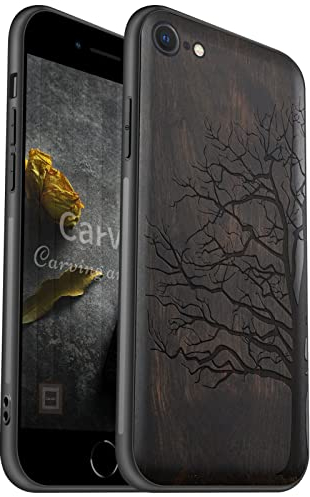 Carveit für iPhone SE 2022 Handyhülle, iPhone SE 2020 Cover, iPhone 8 hülle iPhone 7 Hull [Echt Holz Back and Soft Silicone TPU Edge] Stilvolle Aussehen Hülle（Dunklesholz-Ewiger Baum）