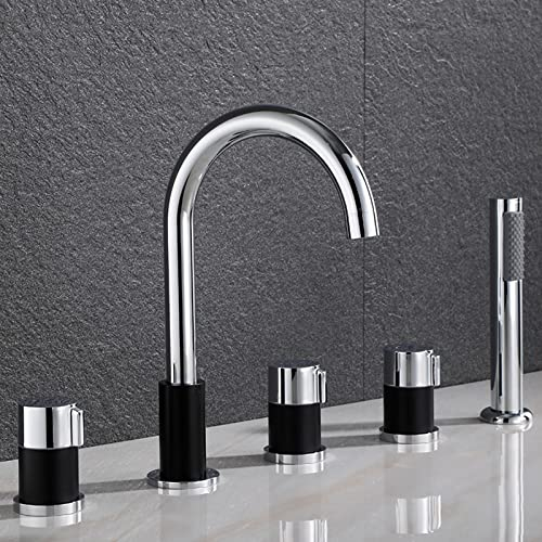Badewanne Wannenrandarmatur 5 Loch Set Wannenarmatur mit Herausziehbarem Handbrause Bad Dusche Badezimmer Armatur Badewannenarmatur Chrom+Schwarz