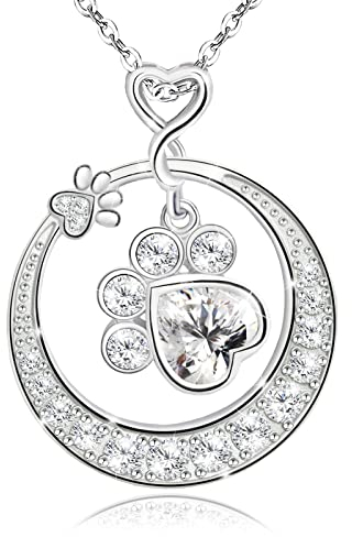 KITEENAL Pfoten-Halskette für Frauen und Mädchen – Sterlingsilber, Hündchen, Katze, Haustier, Pfotenabdruck, Kreis-Anhänger, Zirkonia, zierliche, niedliche, verstellbare Charm-Halskette, Geschenke