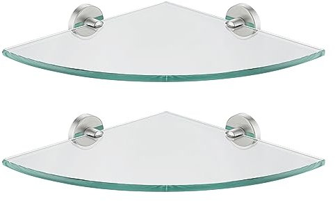 JQK Eck-Glasregal, gebürsteter Stahl, Badezimmer 304 Edelstahl, Duschdreieck, schwebendes Wandregal, 10 x 10 gehärtetes Glas, 2 Stück, TGS190L10-BN-P2