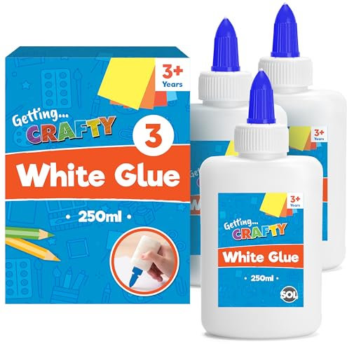 3pk PVA Glue for Crafting Kids | 750ml Total | Strong Kids Glue for Arts and Crafts, Glue for Slime, Washable White Glue, Craft Glue Strong for School Glue and Office Paper Glue + SOL Sticker