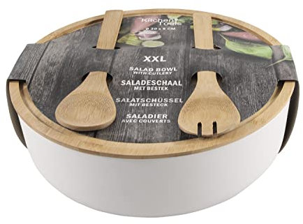 Salatschüssel-Set XXL - Weiß - Braun - Kunststoff- Holz - mit Deckel und Besteck - 4-teilig