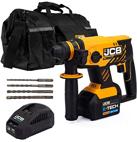 JCB 18v Brushless SDS Rotary Hammer Drill, 5.0Ah Battery, Fast Charger, Multi-positional Side Handle, 4-Functions, Rotary Stop Mode, 1400rpm, 20 Kit Bag & 3 Year Warranty