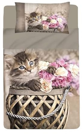 INTRECCI Set Lenzuola Singolo in Cotone, Stampa Alta Qualità, Lenzuolo Sotto + Lenzuolo Sopra + 1 Federa, Comfort, Morbidezza, per Pelli Sensibili, non Stringe in Lavatrice. Fantasia: Flowers Kitten