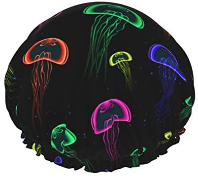 Shower Cap Jellyfish Reusable Bath Shower Caps for Women Long Hair, Double Layer Waterproof Bathing Shower Hat Hair Protector for Kids Girls Men