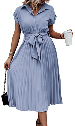ASOMI Sommerkleid Damen Hemdkleid Kurzarm: Elegant Kurzarm Strandkleid Büro Wickelkleid Mode Tasche Hemdblusenkleid Lässig Blusenkleid Midikleid Knopf Plisseekleid V-Ausschnitt Gürtel B-Hellblau M