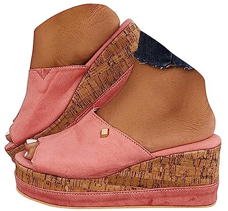 Geeylly Bequeme Kork-Fußbett-Schlupfsandalen Plateau-Hausschuhe mit Keilabsatz, rose, 34 EU