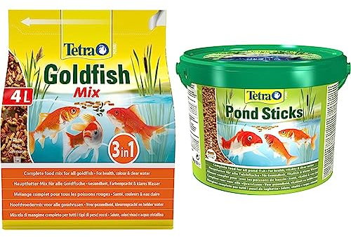 Tetra Pond Goldfish Fischfutter - 3in1 Mix mit Flocken & Pond Sticks - Fischfutter für Teichfische, für gesunde Fische und klares Wasser im Gartenteich, 10 L Eimer