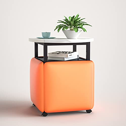 5-in-1-Sitzwürfel mit Lenkrollen und Couchtisch, Rollen, stapelbarer Sofastuhl, Hocker, stapelbarer Ottoman-Hocker, beweglich, für Wohnzimmer, Heimbüro (Farbe: Orange rund, Größe: weißer Sch