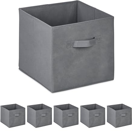 Relaxdays Aufbewahrungsbox, 19 l, Ordnungsbox aus Stoff, 6er-Set, HBT 26,5x28x28cm, Faltbarer Regalkorb, Griff, hellgrau