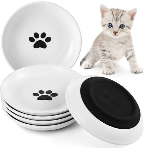 Dorakitten Ceramic Cat Bowls 6 Packs, No Whisker Fatigue Wide Shallow Cat Dishes with Non-Slip Silicone Bottom, Pet Cat Food Water Plates Bowls, 5.9 Inches Diameter
