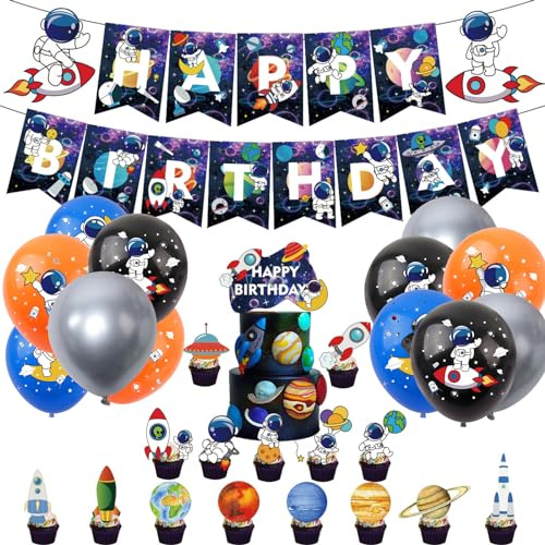YaYaFunFun 38Pcs Outer Space Theme Birthday Party Decorations - 2Pcs Space Banner, 12Pcs Balloons, 24Pcs Cake Toppers for Boys Birthday Astronaut Party Supplies