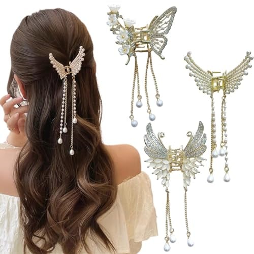 Ypkia Schmetterling Haarklammer Klein Gold Metall mit Fransen Haarspangen Damen Perlen Strass Elegant Haar-accessoire Für Frauen und Mädchen (3 Stück)