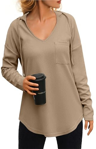 IWOLLENCE Kapuzenpullover Damen Hoodie Italienische Mode Tunika Sweatshirt Elegant Mit V-Ausschnitt und Drawstring (VG Khaki, M)