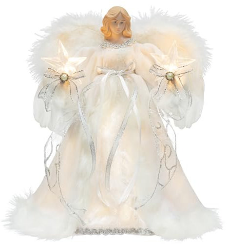 KI Store Lighted Christmas Angel Tree Topper with Timer 30cm White Angel Treetop Figurine for Christmas Tree Decoration