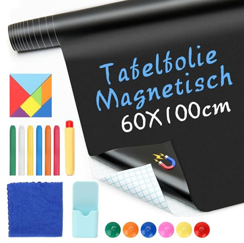 Tafelfolie Magnetisch Selbstklebend 60 x 100cm Magnet Folien Abwischbar Kreidefolie DIY Wand Blackboard Inkl 6 Kreide + 6 Magnetknopf + 1 Stifthalter + 1 Tangram + 1 Kreideschutz + 1 Handtuch