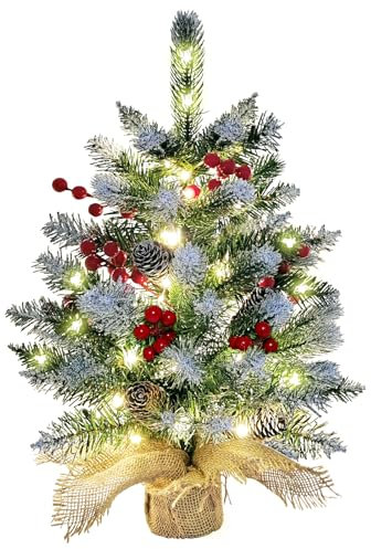 Piccolo albero di Natale, 56 cm, albero di Natale artificiale da tavolo con 50 luci, mini albero di Natale floccato con pigne, bacche e base in legno, per decorazioni natalizie per interni